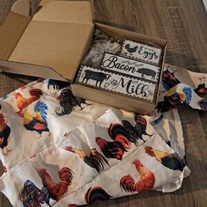 Rooster-Print Egg Apron and Rustic Farmhouse Sign Set